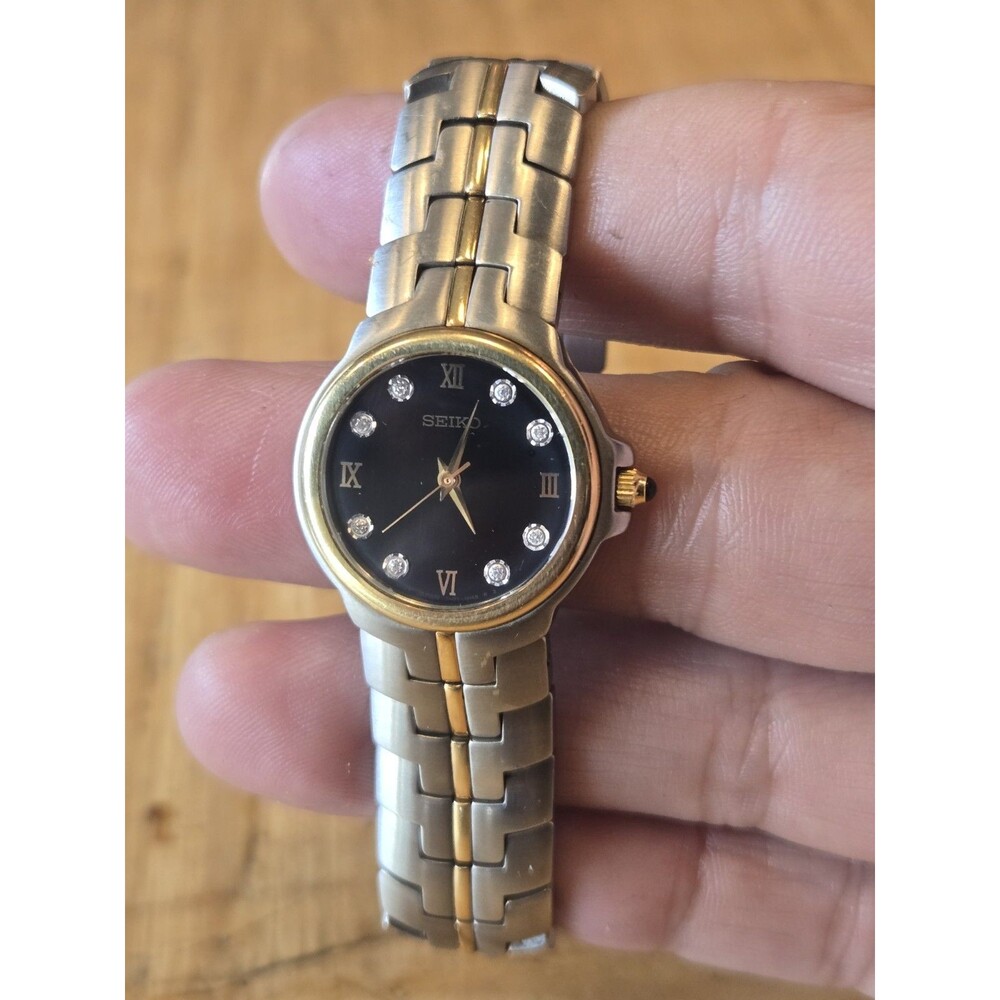 Seiko 18K Gold Capped St. Steel Diamond Black Ladies' Watch. 1N01-H966. New Bat - Picture 2 of 11
